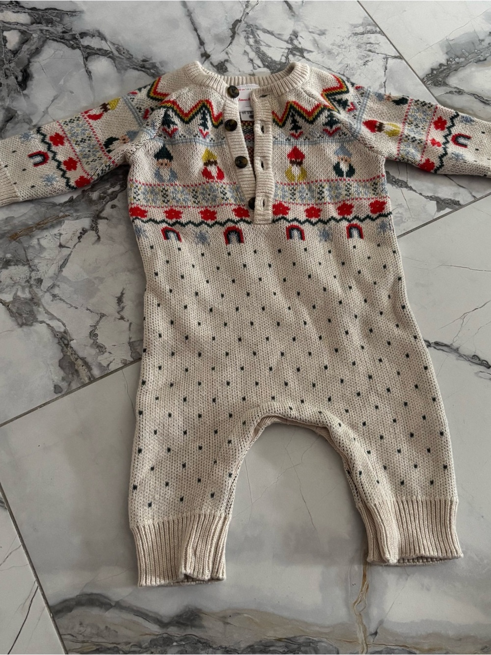 Hanna Andersson Cream Knit Fair Isle Baby Romper with Red and Green Accents
